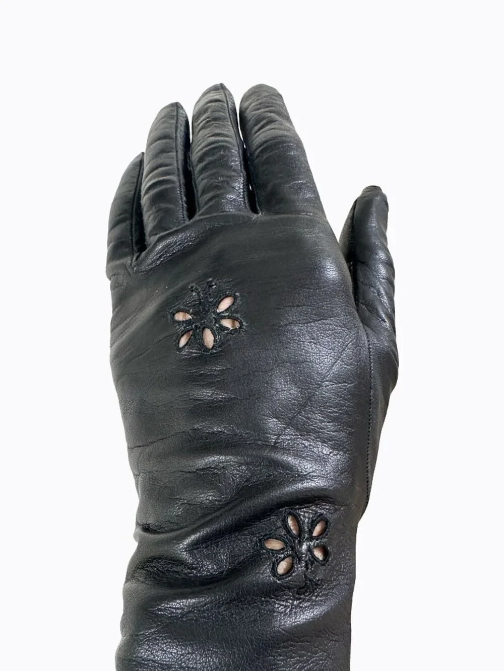 Vtg Black Kidskin Leather Evening Gloves XS Embroidered Eyelet Cutout Whimsigoth